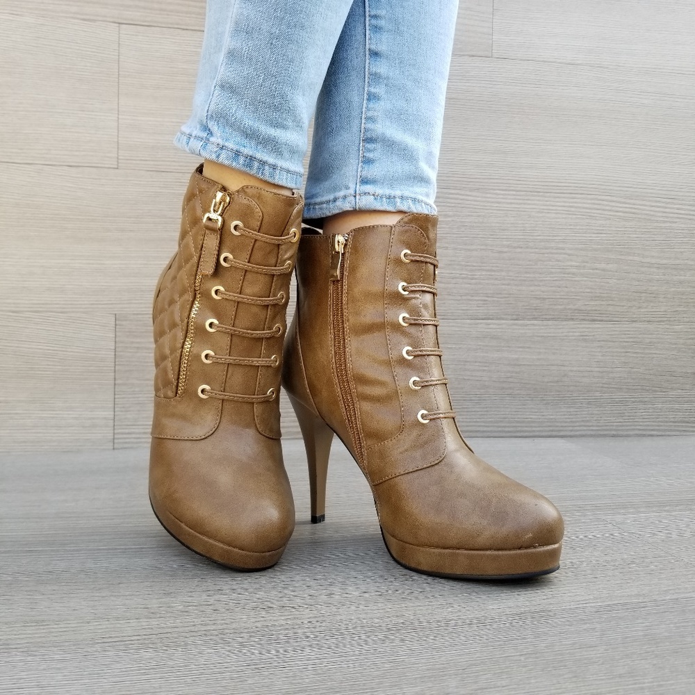 Khaki Platform High Heel Boots Light Fur inside - Picture 4 of 8
